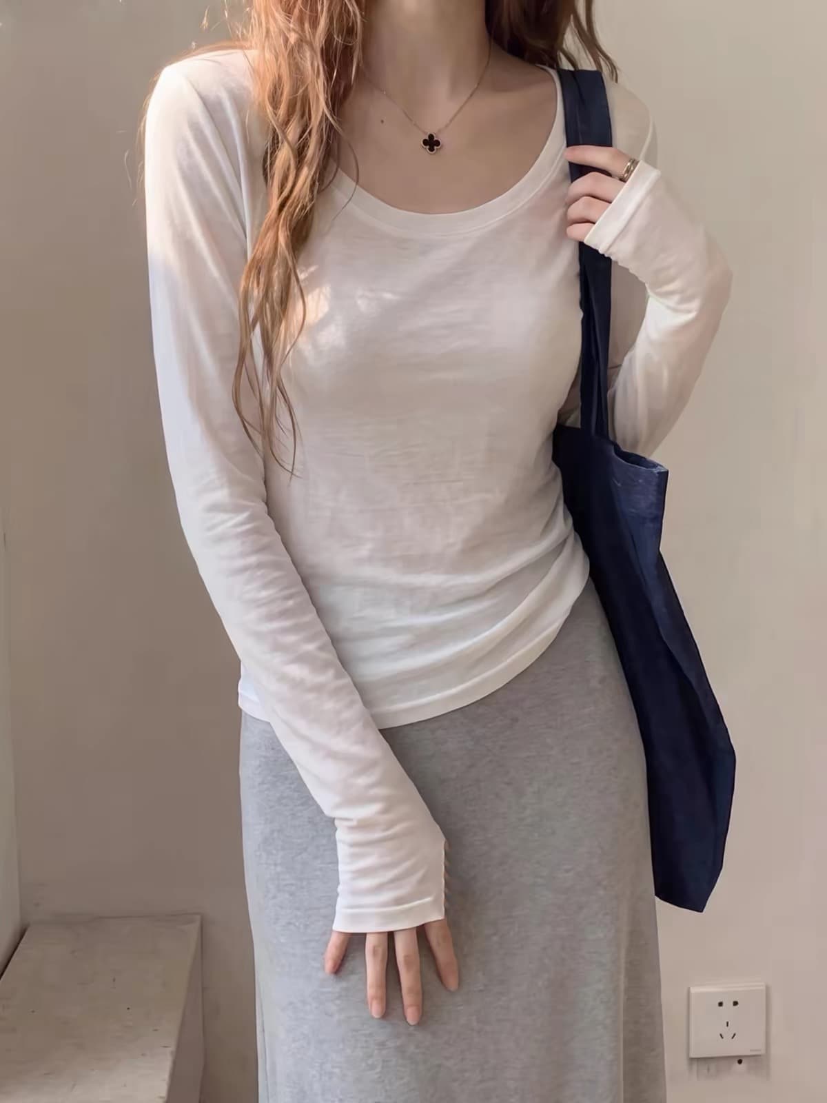 한 부서 화이트 u 칼라 자외선 차단 에어컨 블라우스 여성 여름 느슨함 센스 몸매 가꾸기 얇은 스타일 긴팔 티셔츠 대 네클라인 맨위 상세 이미지 3