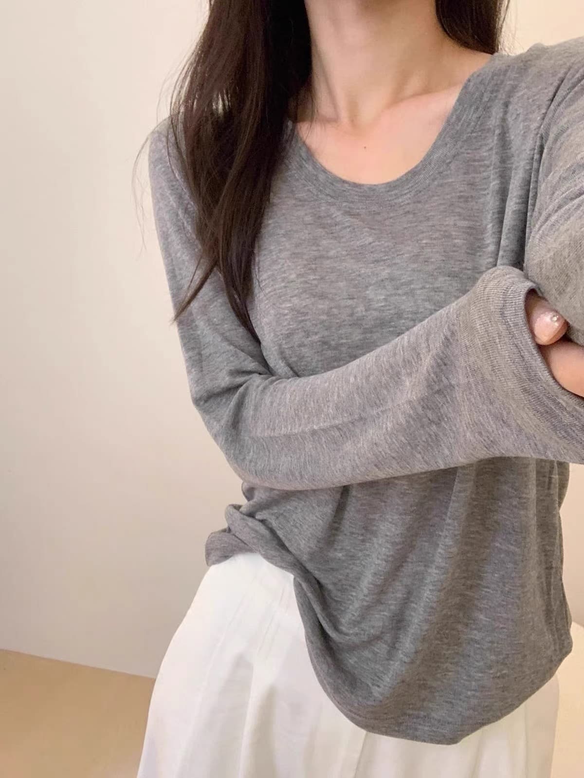 한 부서 다용도 자외선 차단 u 칼라 화이트 긴팔 티셔츠 여성 가을 긍정적 인 어깨 몸매 가꾸기 슬림해 보이는 인사이드 잡아라. 의류 기본 셔츠 여성 상세 이미지 3