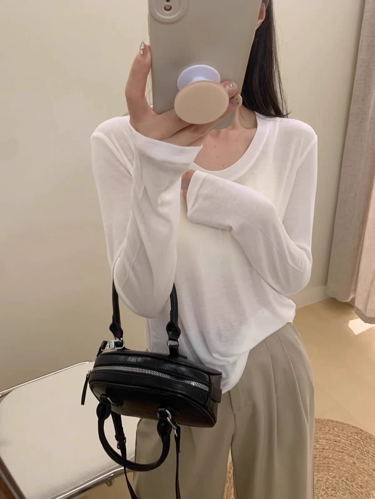 한 부서 다용도 자외선 차단 u 칼라 화이트 긴팔 티셔츠 여성 가을 긍정적 인 어깨 몸매 가꾸기 슬림해 보이는 인사이드 잡아라. 의류 기본 셔츠 여성 상세 이미지 5