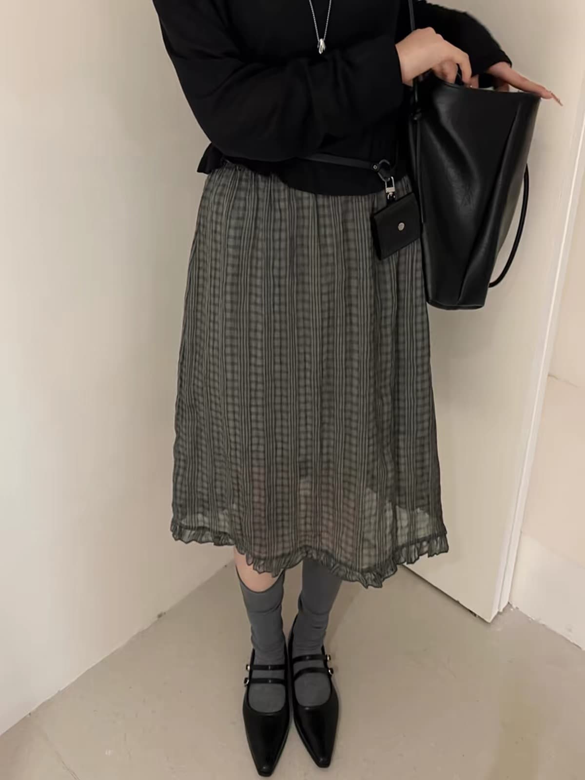 레트로 체크무늬 레이스 반신 스커트 여성 여름 새로운 문예 품격 다용도 한 마디 중간 길이 스커트 상세 이미지 2