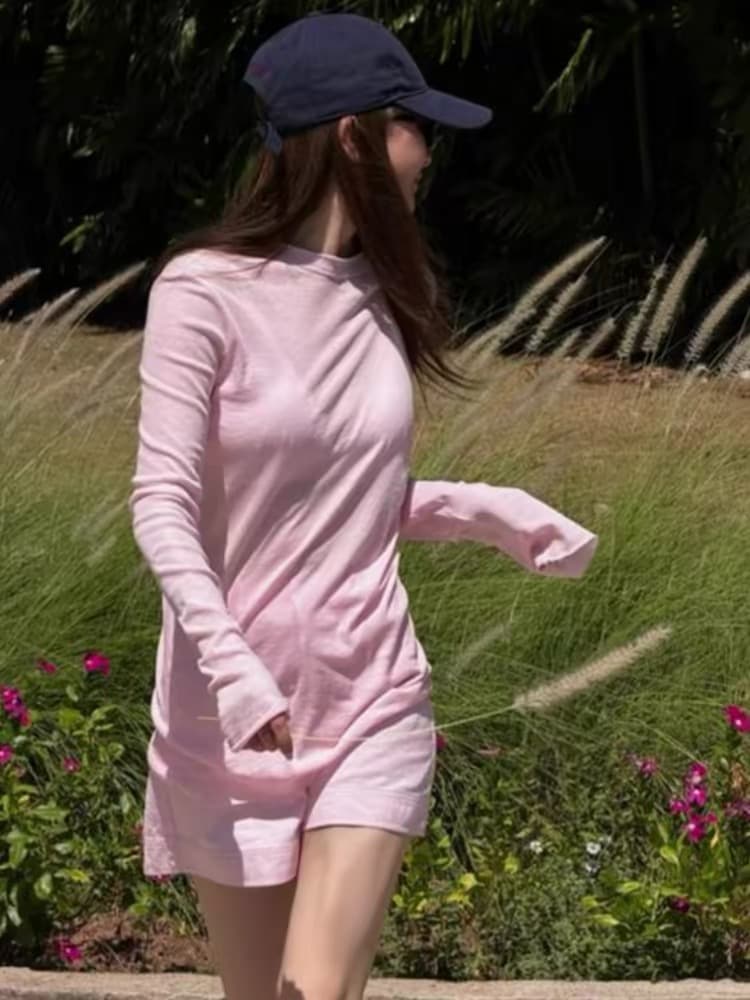 한 부서 미니멀리즘 바람 핑크색 긴팔 니트 티셔츠 여성 2026 여름 새로운 루즈핏 슬림해 보이는 상세 이미지 7