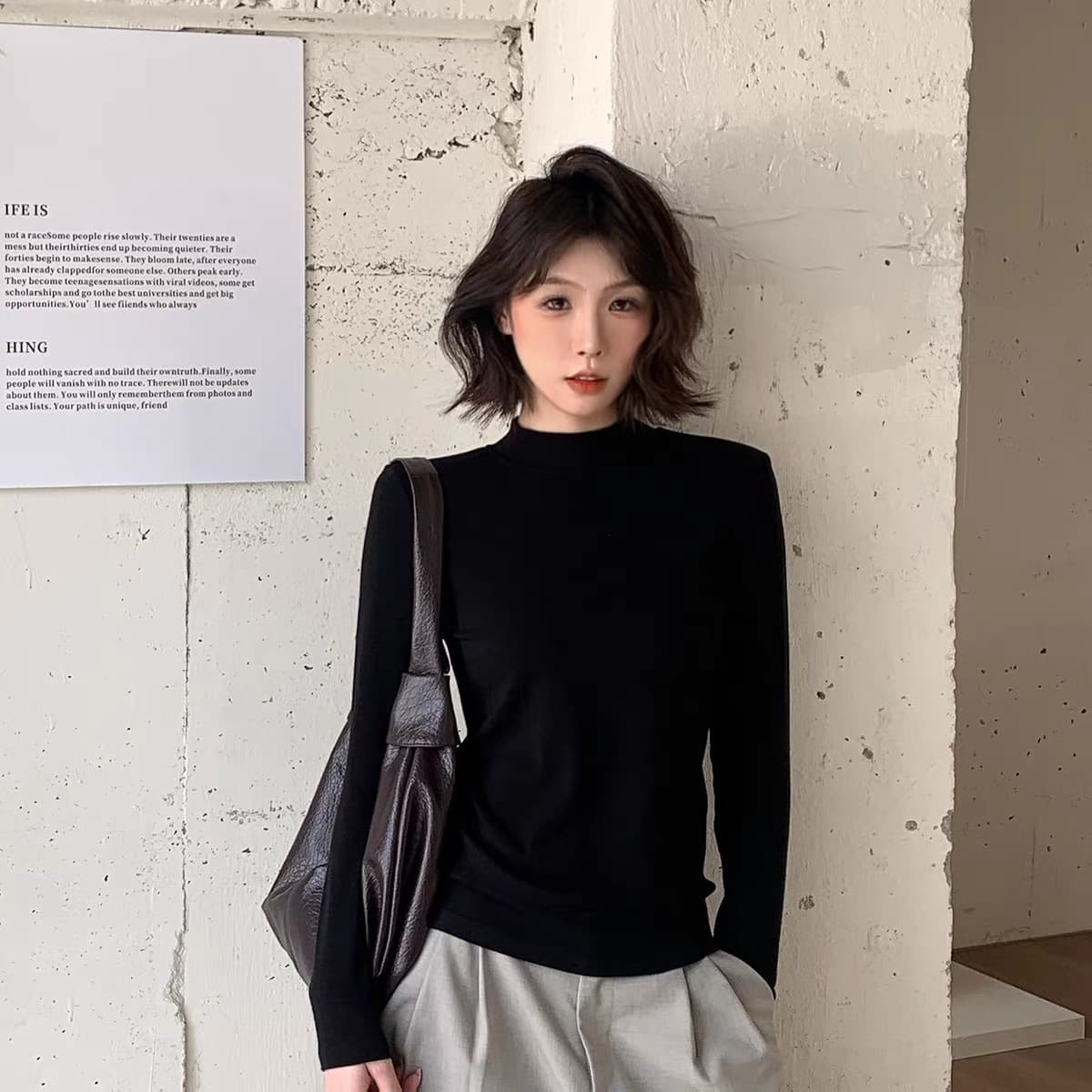 봄 가을 스탠드 칼라 기본 셔츠 여성 화이트 프로 피부 슬림해 보이는 다용도 긴팔 인사이드 가져 가라. 몸매 가꾸기 기초 섹션 티셔츠 맨위 상세 이미지 1