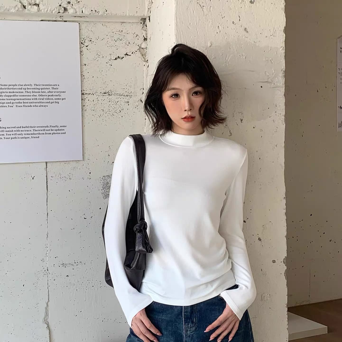 봄 가을 스탠드 칼라 기본 셔츠 여성 화이트 프로 피부 슬림해 보이는 다용도 긴팔 인사이드 가져 가라. 몸매 가꾸기 기초 섹션 티셔츠 맨위 상세 이미지 2