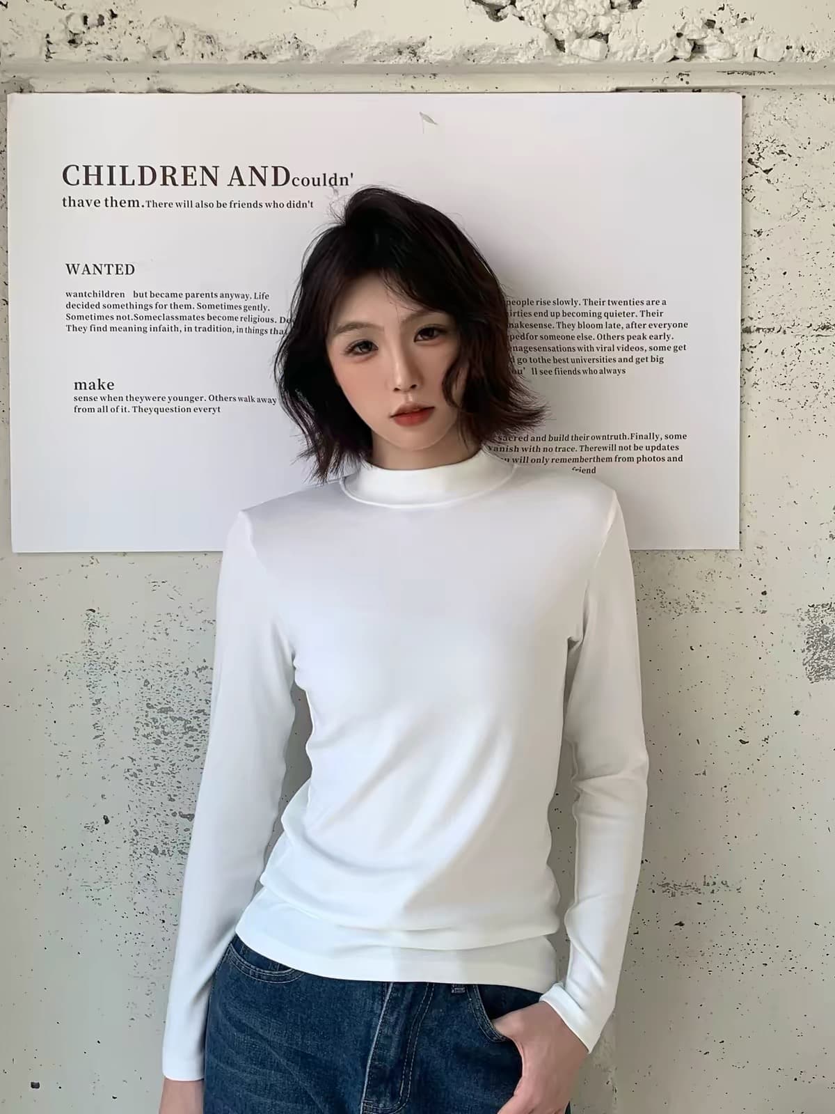 봄 가을 스탠드 칼라 기본 셔츠 여성 화이트 프로 피부 슬림해 보이는 다용도 긴팔 인사이드 가져 가라. 몸매 가꾸기 기초 섹션 티셔츠 맨위 상세 이미지 7