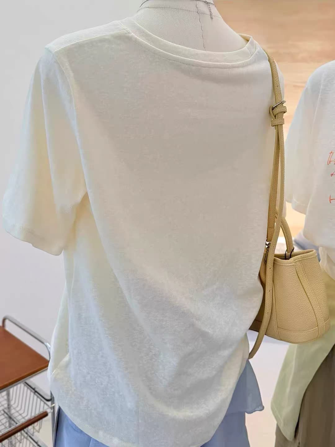 한 부서 연령 감소 작은 청신 프린트 아마 반팔 티셔츠 여성 여름 얇은 라운드 넥 루즈핏 캐주얼 다용도 긍정적 인 어깨 의류 이미지 4