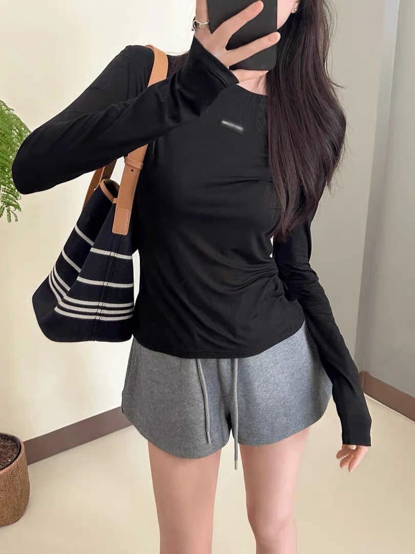 여름 얇은 스타일 긴팔 라운드 넥 긍정적 인 어깨 자외선 차단 가면 티셔츠 여성 한 부서 chic Chic 슬림해 보이는 기본 셔츠 맨위 상세 이미지 1