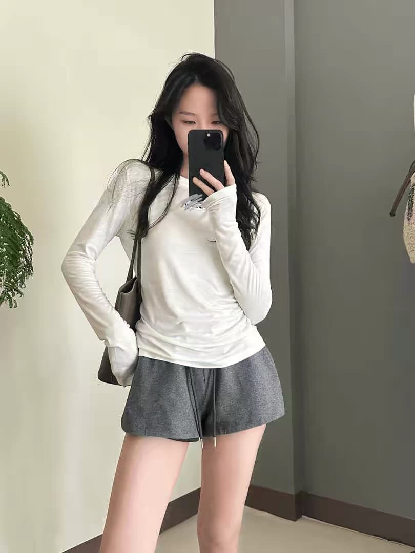 여름 얇은 스타일 긴팔 라운드 넥 긍정적 인 어깨 자외선 차단 가면 티셔츠 여성 한 부서 chic Chic 슬림해 보이는 기본 셔츠 맨위 상세 이미지 3