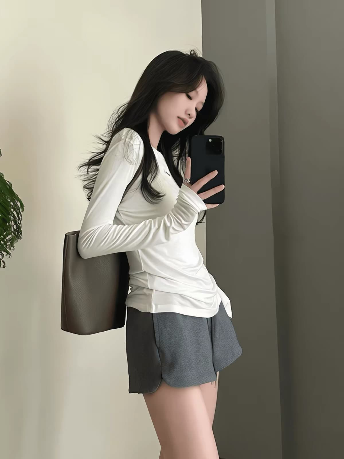 여름 얇은 스타일 긴팔 라운드 넥 긍정적 인 어깨 자외선 차단 가면 티셔츠 여성 한 부서 chic Chic 슬림해 보이는 기본 셔츠 맨위 상세 이미지 8