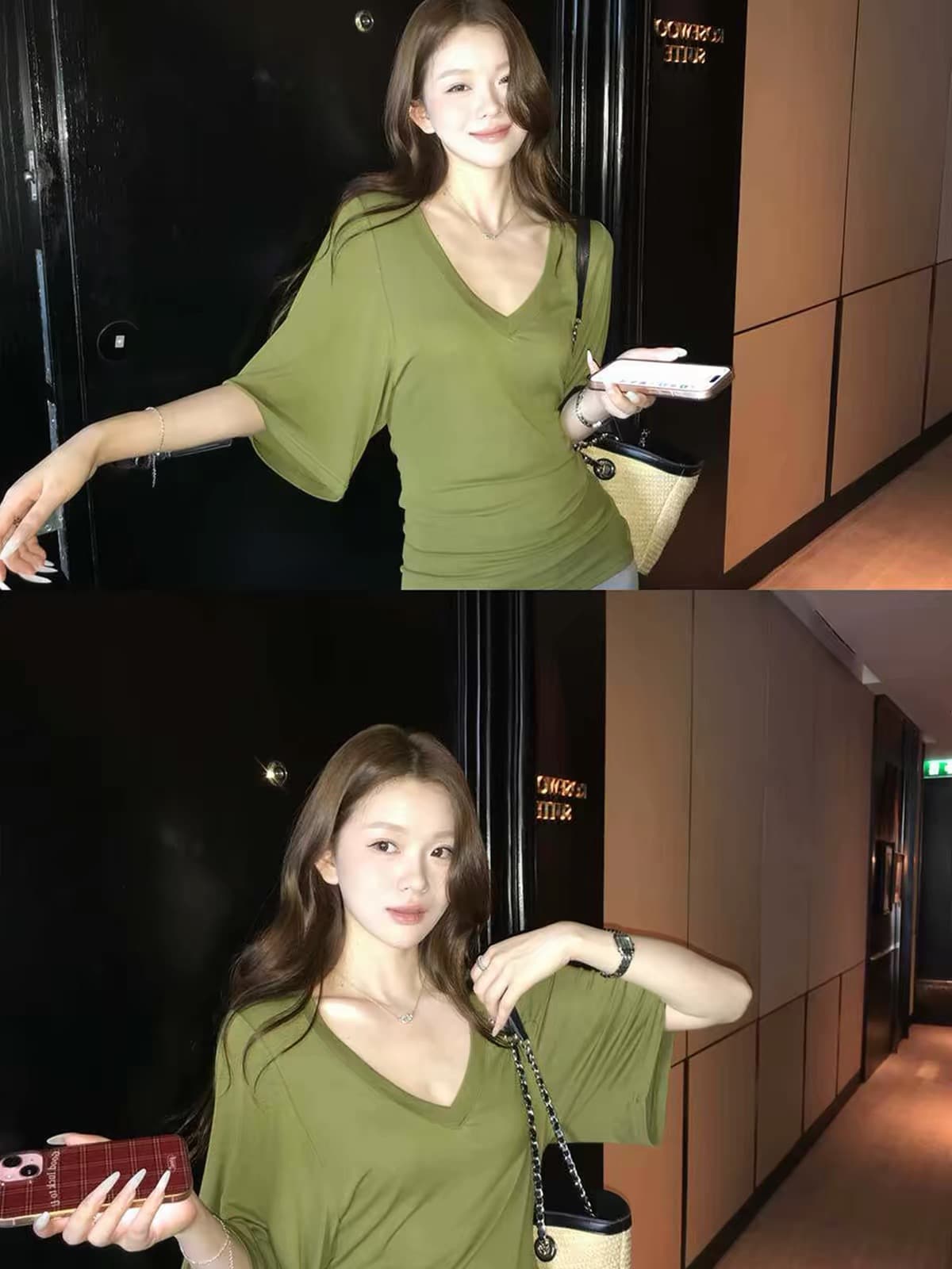 디자인 센스 긍정적 인 어깨 화이트 V넥 반팔 티셔츠 여성 여름 느긋한 꼬집기 허리 슬림해 보이는 블라우스 배트윙 소매 허리 수축 맨위 상세 이미지 7