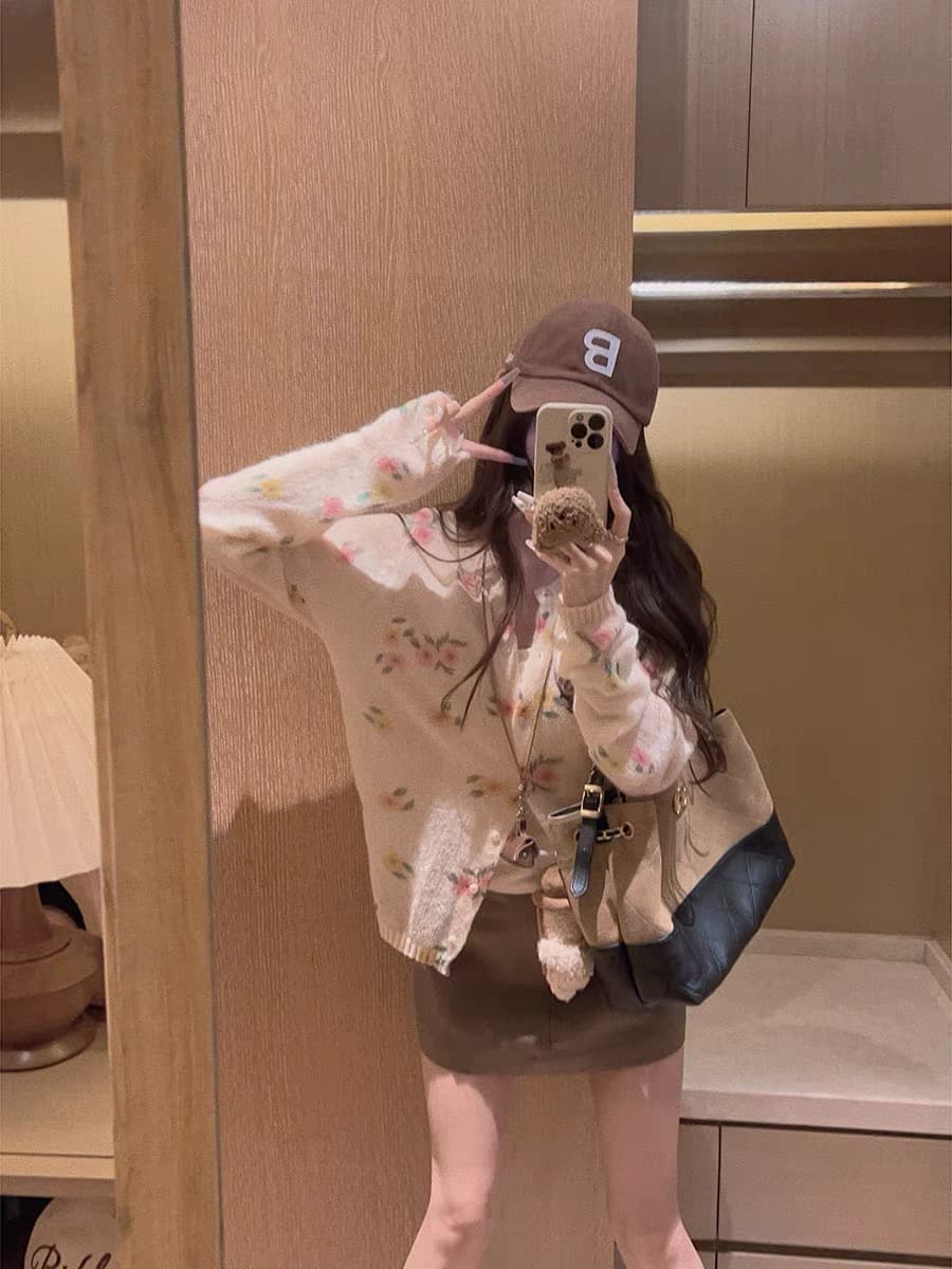 안개 센스 꽃 오픈 가디건 모헤어 양모 꽃무늬 스웨터 니트 스웨터