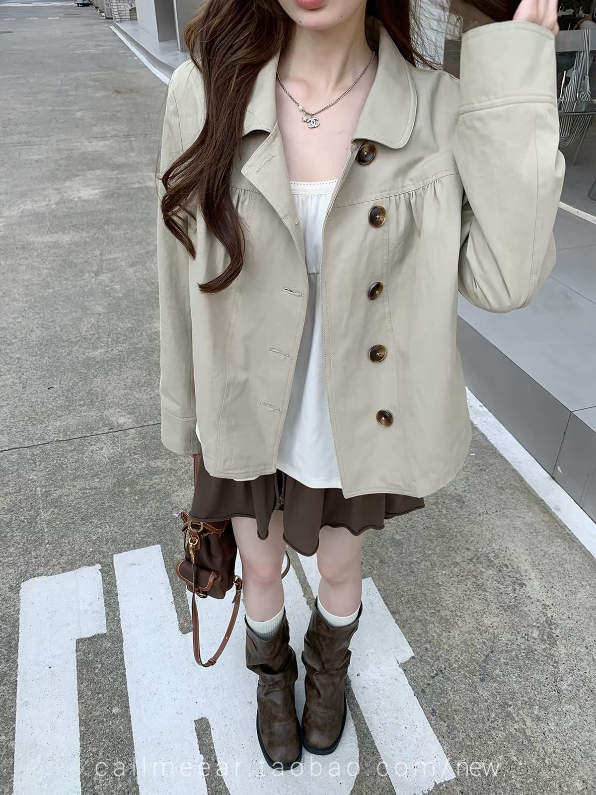 영국식 학원 카키 색 바람막이 여성 코트 가을 루즈핏 긴팔 맨위 이미지 2