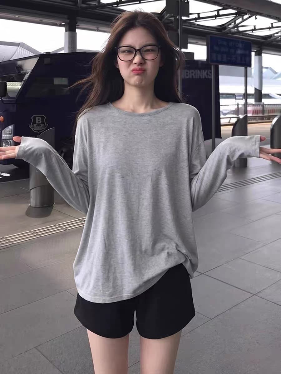 느슨함 센스 느긋한 회색 긴팔 티셔츠 여성 가을 인사이드 가져 가라. 디자인 센스 루즈핏 슬림해 보이는 기본 셔츠 아름다운 맨위 이미지 3