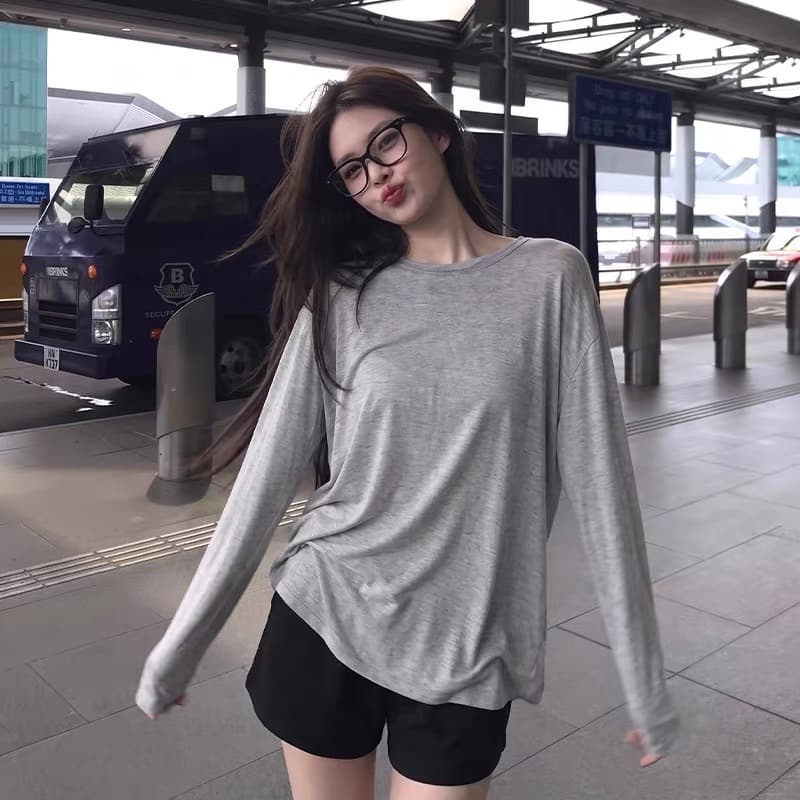 느슨함 센스 느긋한 회색 긴팔 티셔츠 여성 가을 인사이드 가져 가라. 디자인 센스 루즈핏 슬림해 보이는 기본 셔츠 아름다운 맨위 상세 이미지 1