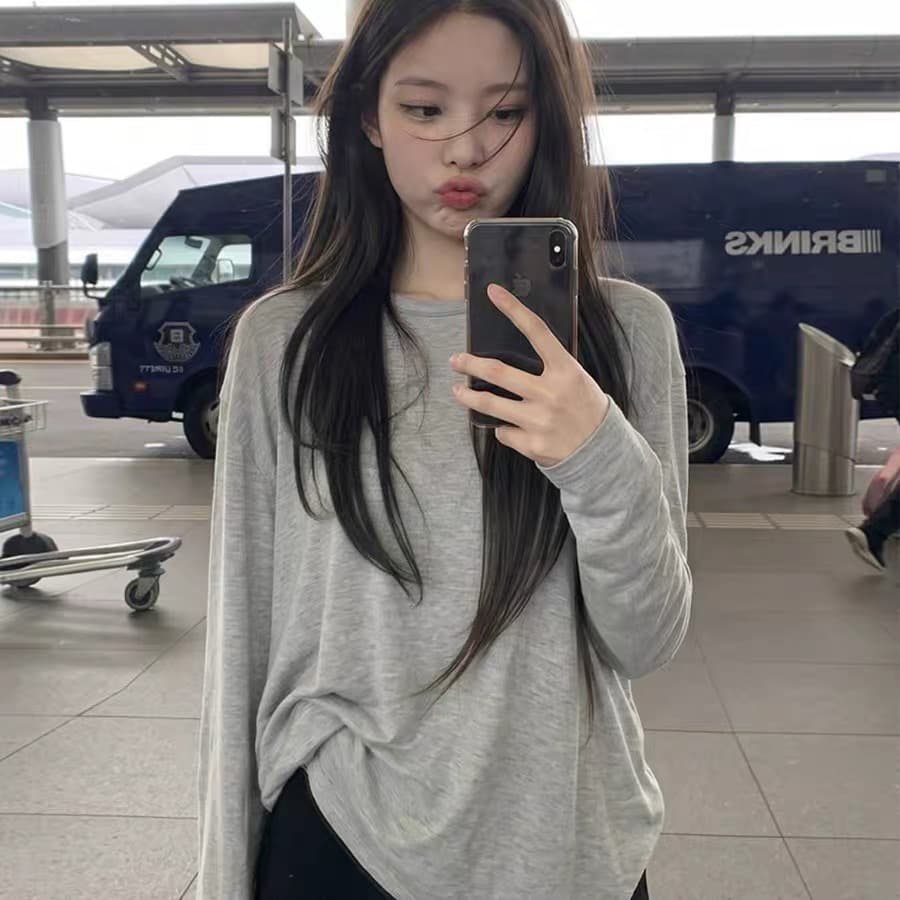 느슨함 센스 느긋한 회색 긴팔 티셔츠 여성 가을 인사이드 가져 가라. 디자인 센스 루즈핏 슬림해 보이는 기본 셔츠 아름다운 맨위 상세 이미지 2
