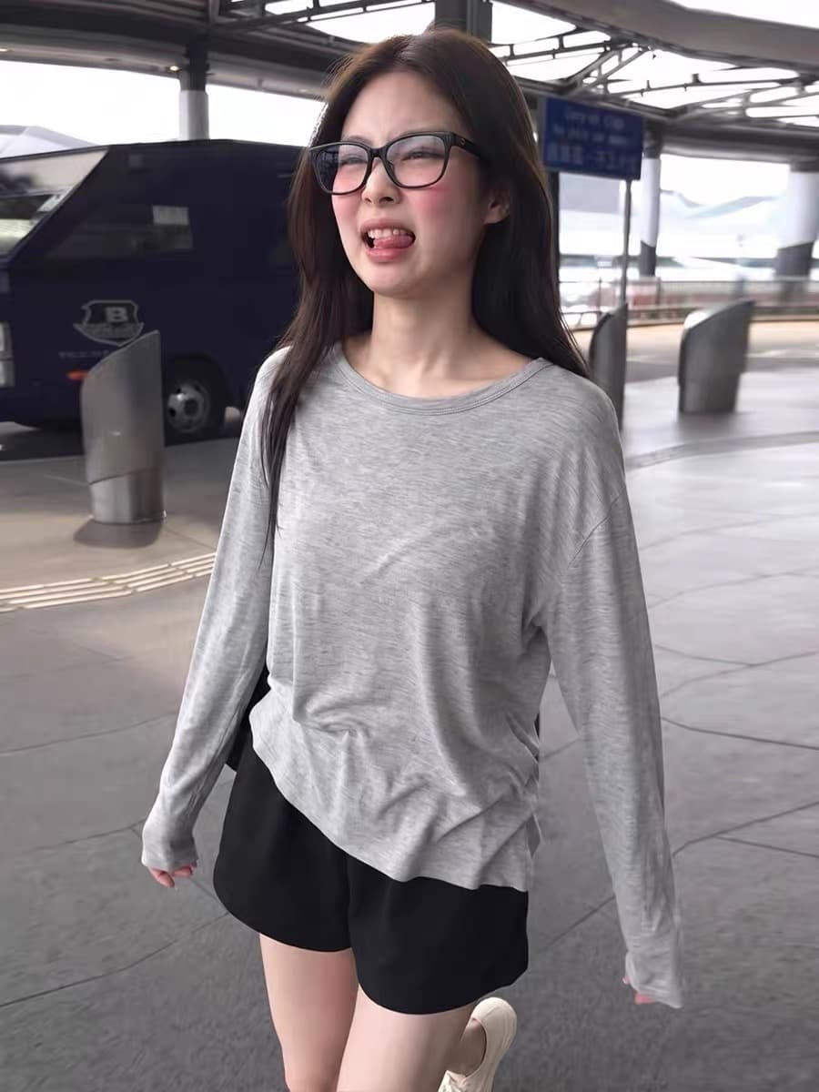 느슨함 센스 느긋한 회색 긴팔 티셔츠 여성 가을 인사이드 가져 가라. 디자인 센스 루즈핏 슬림해 보이는 기본 셔츠 아름다운 맨위 상세 이미지 4