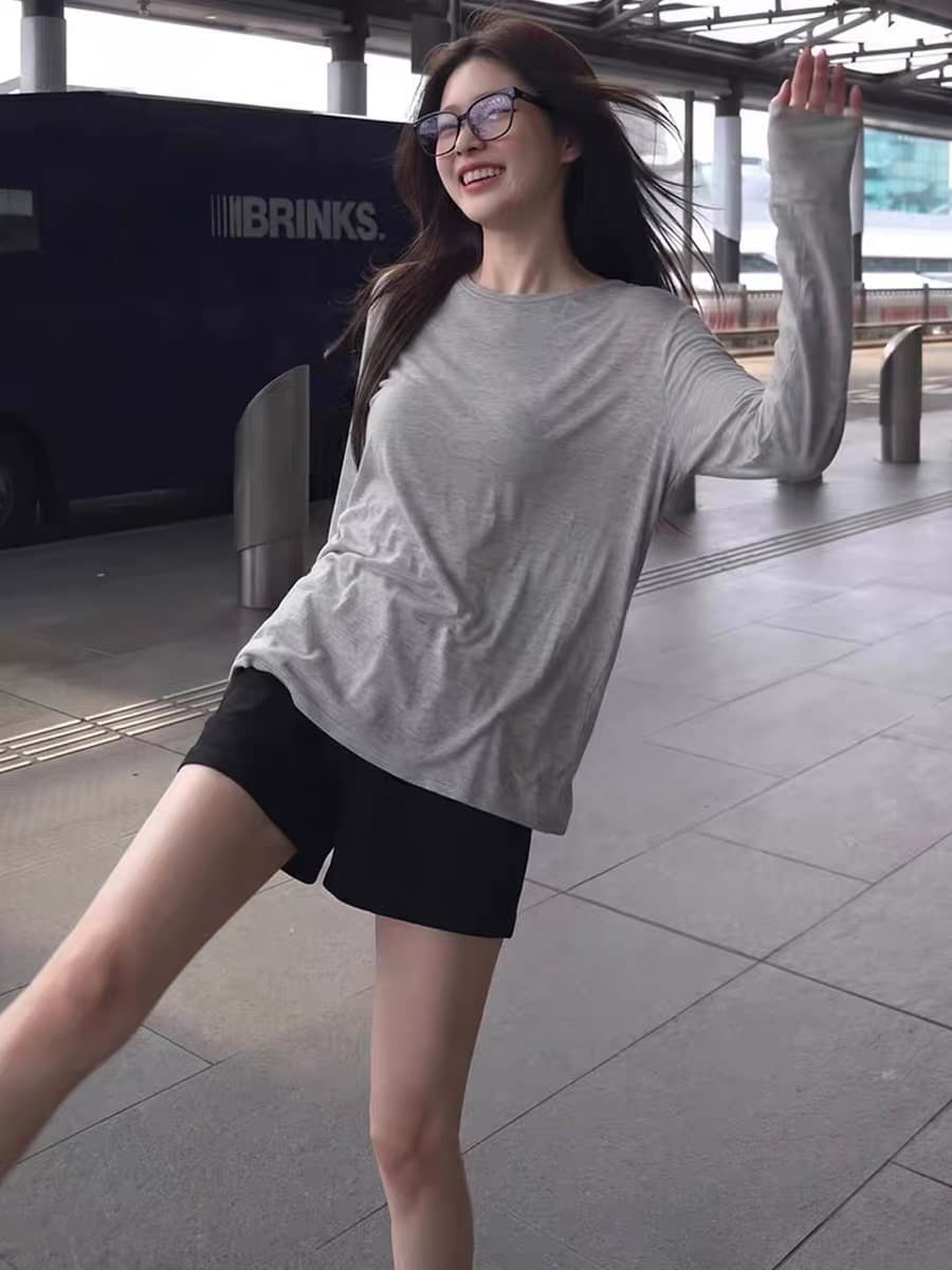 느슨함 센스 느긋한 회색 긴팔 티셔츠 여성 가을 인사이드 가져 가라. 디자인 센스 루즈핏 슬림해 보이는 기본 셔츠 아름다운 맨위 상세 이미지 6