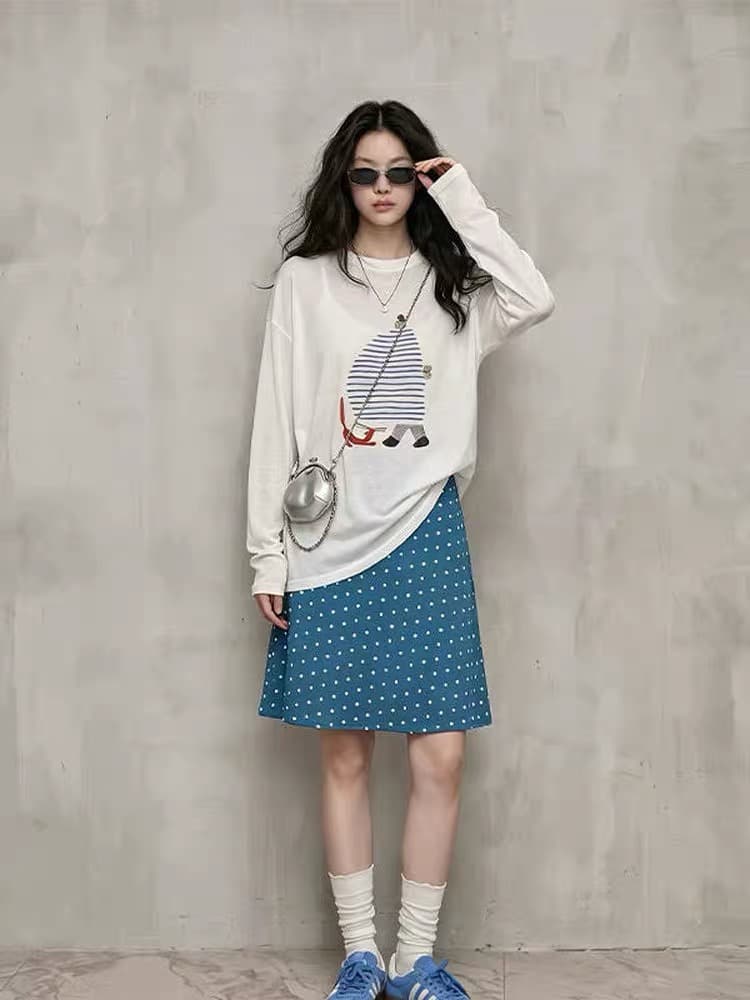 한 부서 화이트 만화 프린트 긴팔 티셔츠 여성 여름 루즈핏 느긋한 바람 캐주얼 품격 연령 감소 블라우스 맨위 이미지 4
