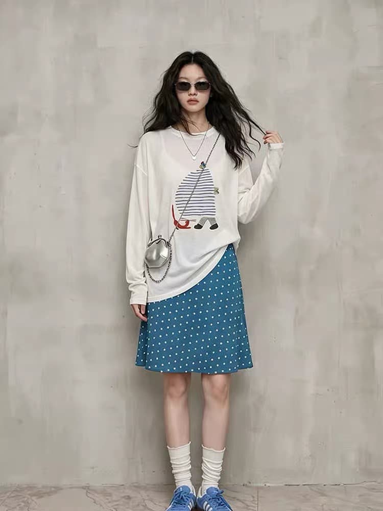 한 부서 화이트 만화 프린트 긴팔 티셔츠 여성 여름 루즈핏 느긋한 바람 캐주얼 품격 연령 감소 블라우스 맨위 상세 이미지 1