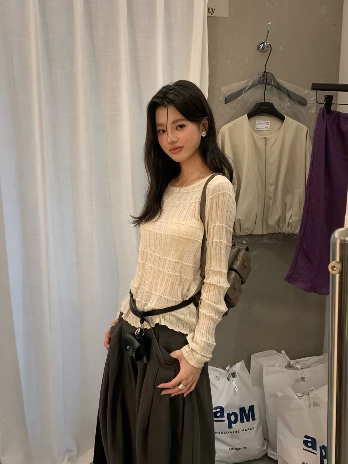 가을 켜기 새로운 한 부서 분위기 센스 몸매 가꾸기 부드러운 찹쌀 대나무 마디 만나는 긴팔 티셔츠 여성 이미지 4
