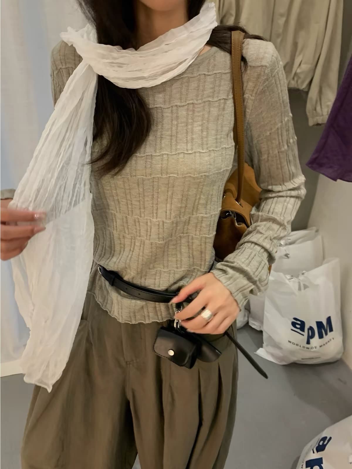 가을 켜기 새로운 한 부서 분위기 센스 몸매 가꾸기 부드러운 찹쌀 대나무 마디 만나는 긴팔 티셔츠 여성 상세 이미지 1