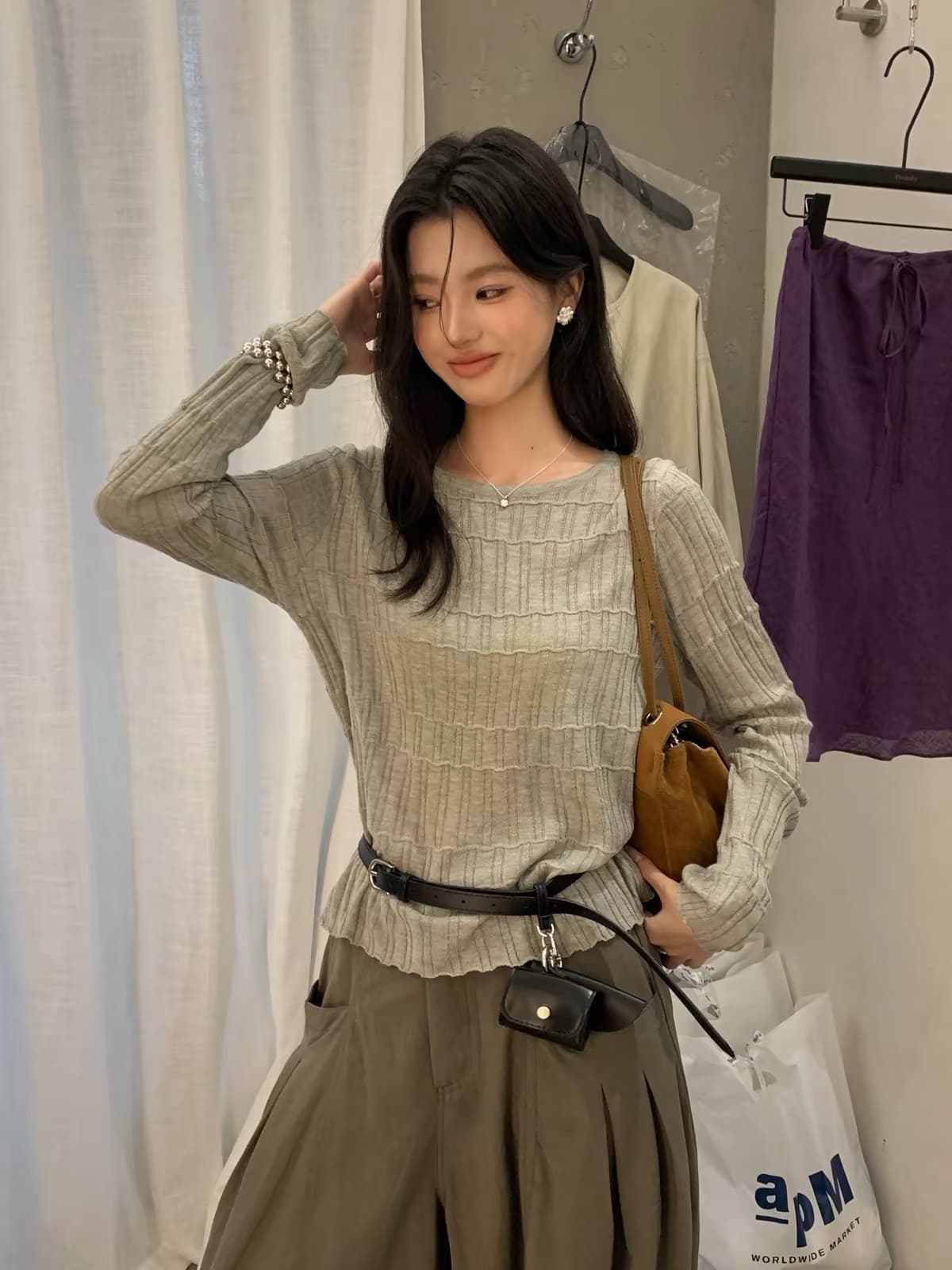 가을 켜기 새로운 한 부서 분위기 센스 몸매 가꾸기 부드러운 찹쌀 대나무 마디 만나는 긴팔 티셔츠 여성 상세 이미지 4