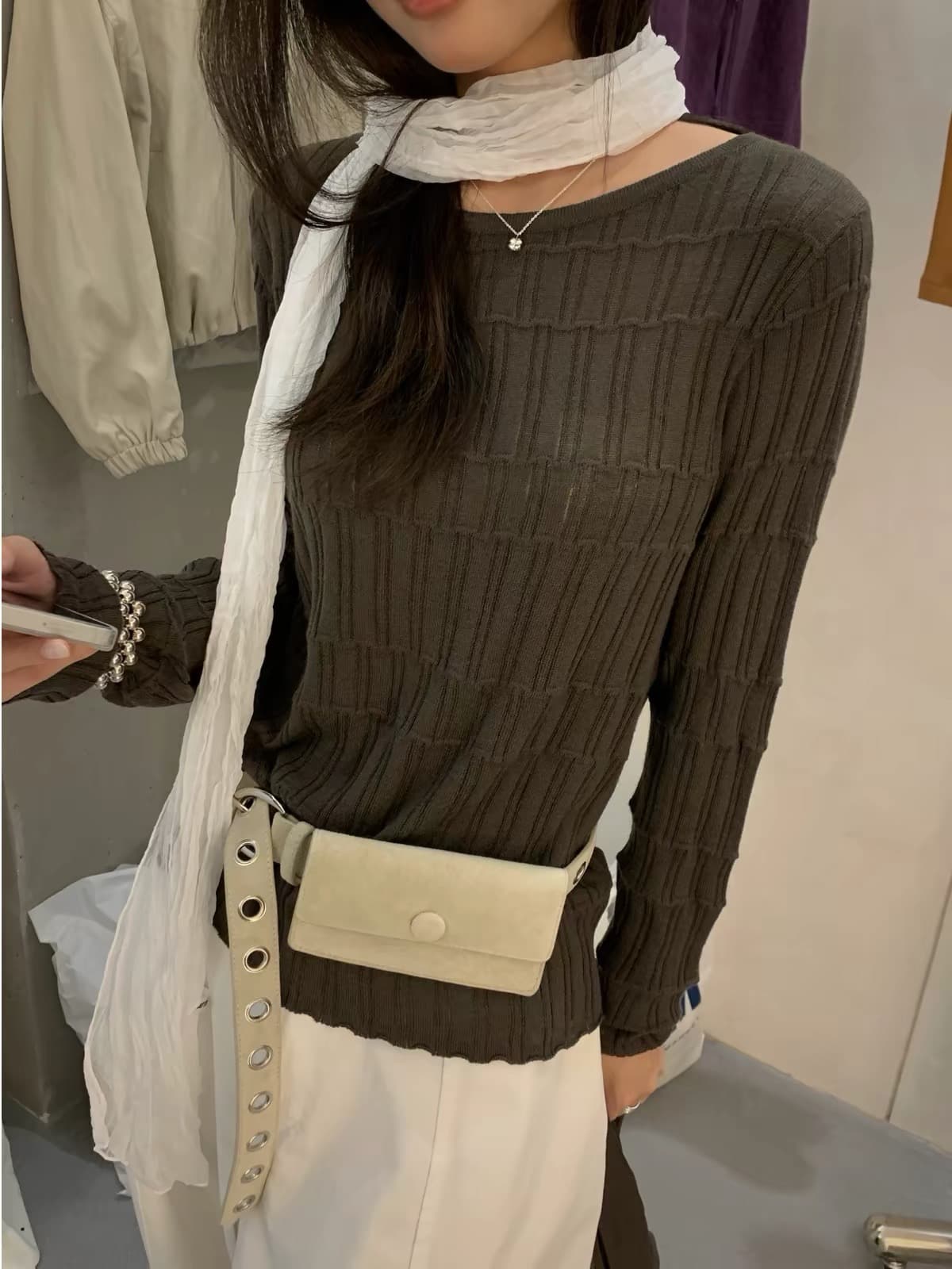 가을 켜기 새로운 한 부서 분위기 센스 몸매 가꾸기 부드러운 찹쌀 대나무 마디 만나는 긴팔 티셔츠 여성 상세 이미지 5