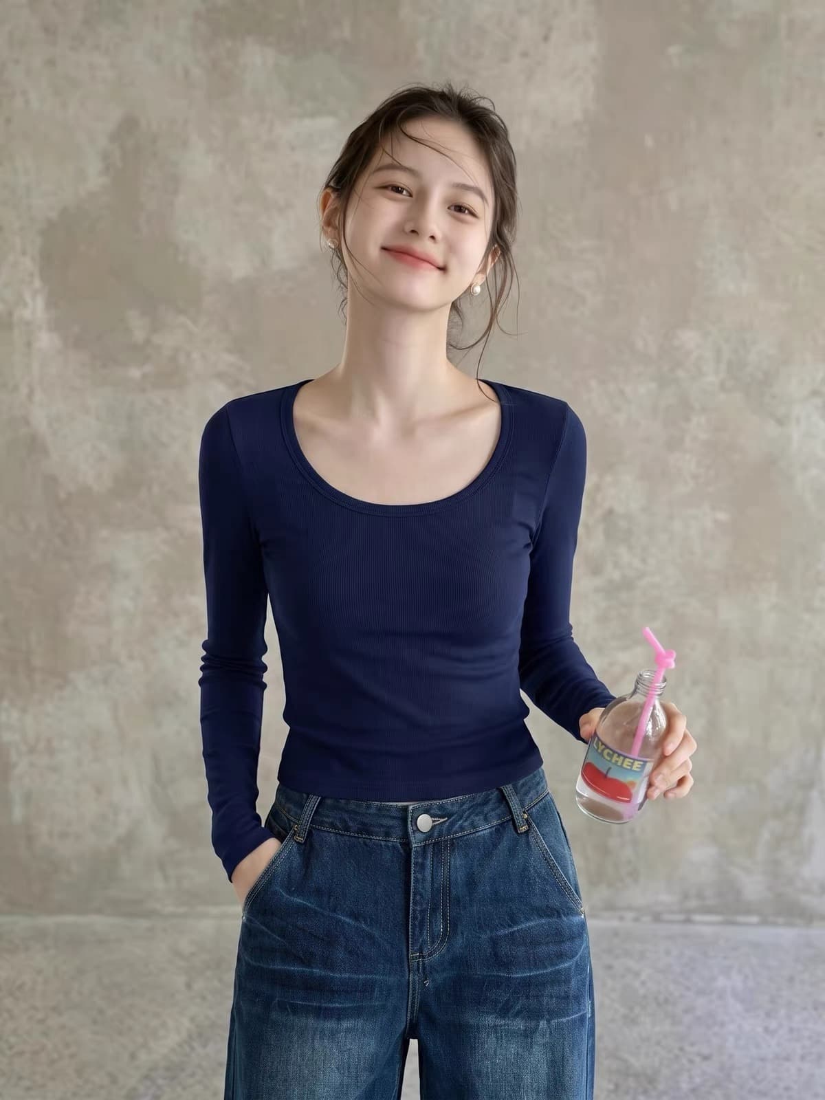 해군 대 네클라인 광장 칼라 긴팔 티셔츠 긍정적 인 어깨 의류 여성 가을 다용도 몸매 가꾸기 타이트 인사이드 가져 가라. 기본 셔츠 이미지 4