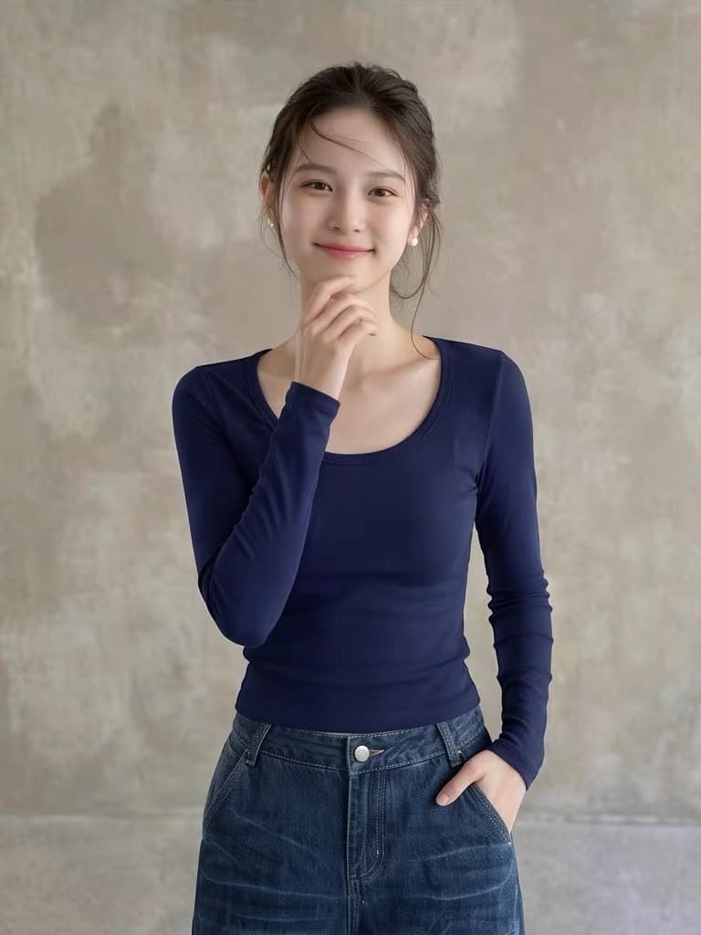 해군 대 네클라인 광장 칼라 긴팔 티셔츠 긍정적 인 어깨 의류 여성 가을 다용도 몸매 가꾸기 타이트 인사이드 가져 가라. 기본 셔츠 상세 이미지 1