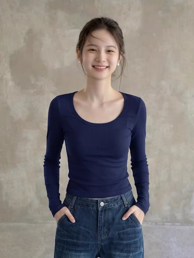 해군 대 네클라인 광장 칼라 긴팔 티셔츠 긍정적 인 어깨 의류 여성 가을 다용도 몸매 가꾸기 타이트 인사이드 가져 가라. 기본 셔츠 상세 이미지 2
