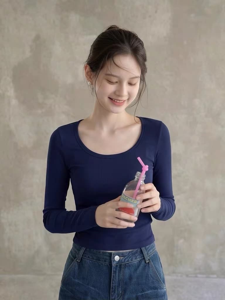 해군 대 네클라인 광장 칼라 긴팔 티셔츠 긍정적 인 어깨 의류 여성 가을 다용도 몸매 가꾸기 타이트 인사이드 가져 가라. 기본 셔츠 상세 이미지 4