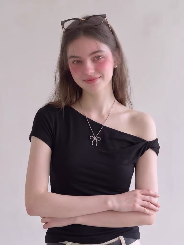 검정색 비스듬한 어깨 반팔 티셔츠 여성 여름 오프숄더 디자인 센스 작은 대중 몸매 가꾸기 쇼트 스타일 고유 한 맨위 이미지 3
