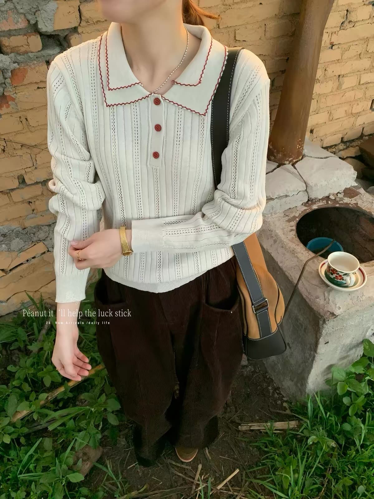 한 부서 폭발 폴로 칼라 polo 부드러운 홀로우 아웃 레이스 니트 스웨터 여성 가을 새로운 루즈핏 이미지 2