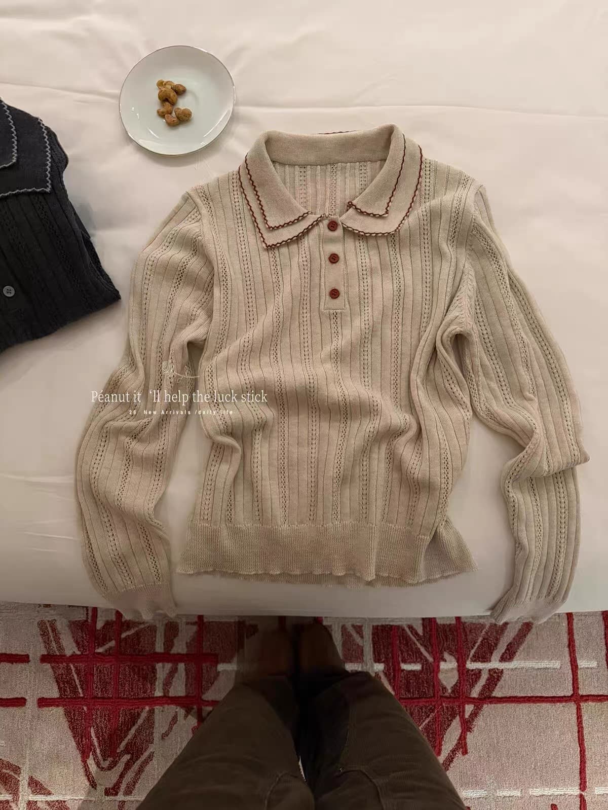 한 부서 폭발 폴로 칼라 polo 부드러운 홀로우 아웃 레이스 니트 스웨터 여성 가을 새로운 루즈핏 상세 이미지 1
