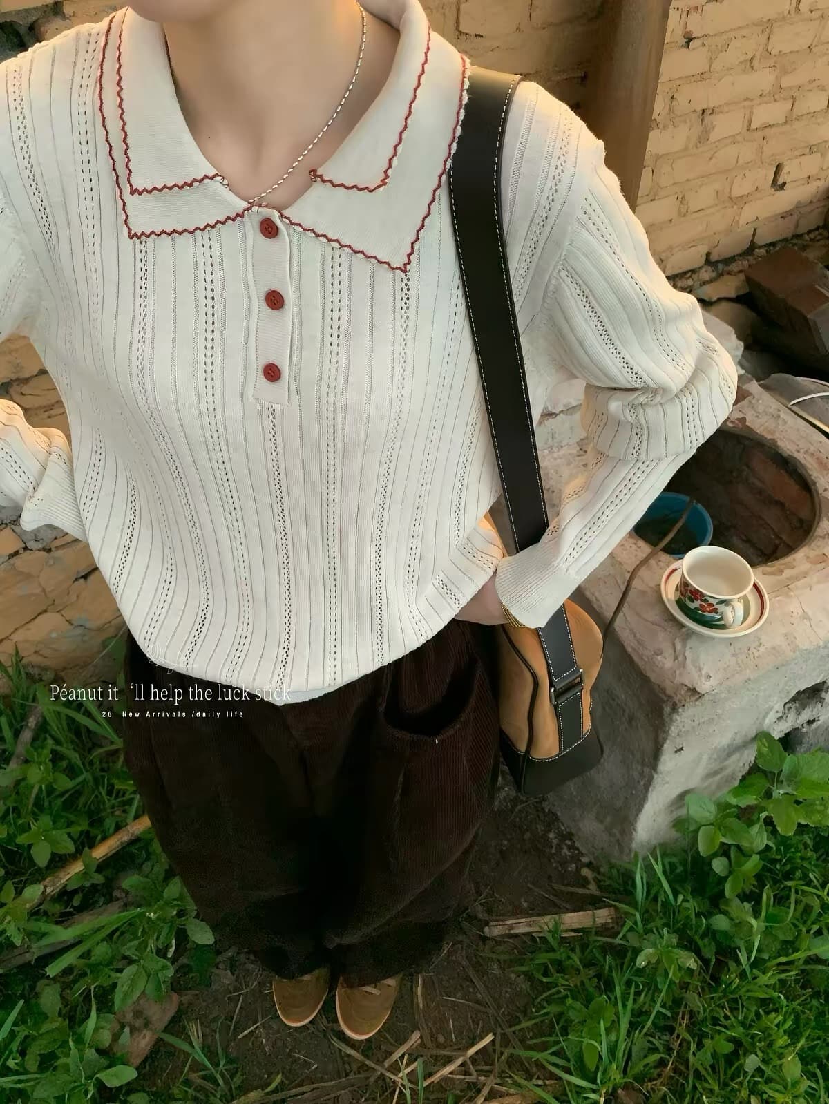 한 부서 폭발 폴로 칼라 polo 부드러운 홀로우 아웃 레이스 니트 스웨터 여성 가을 새로운 루즈핏 상세 이미지 5