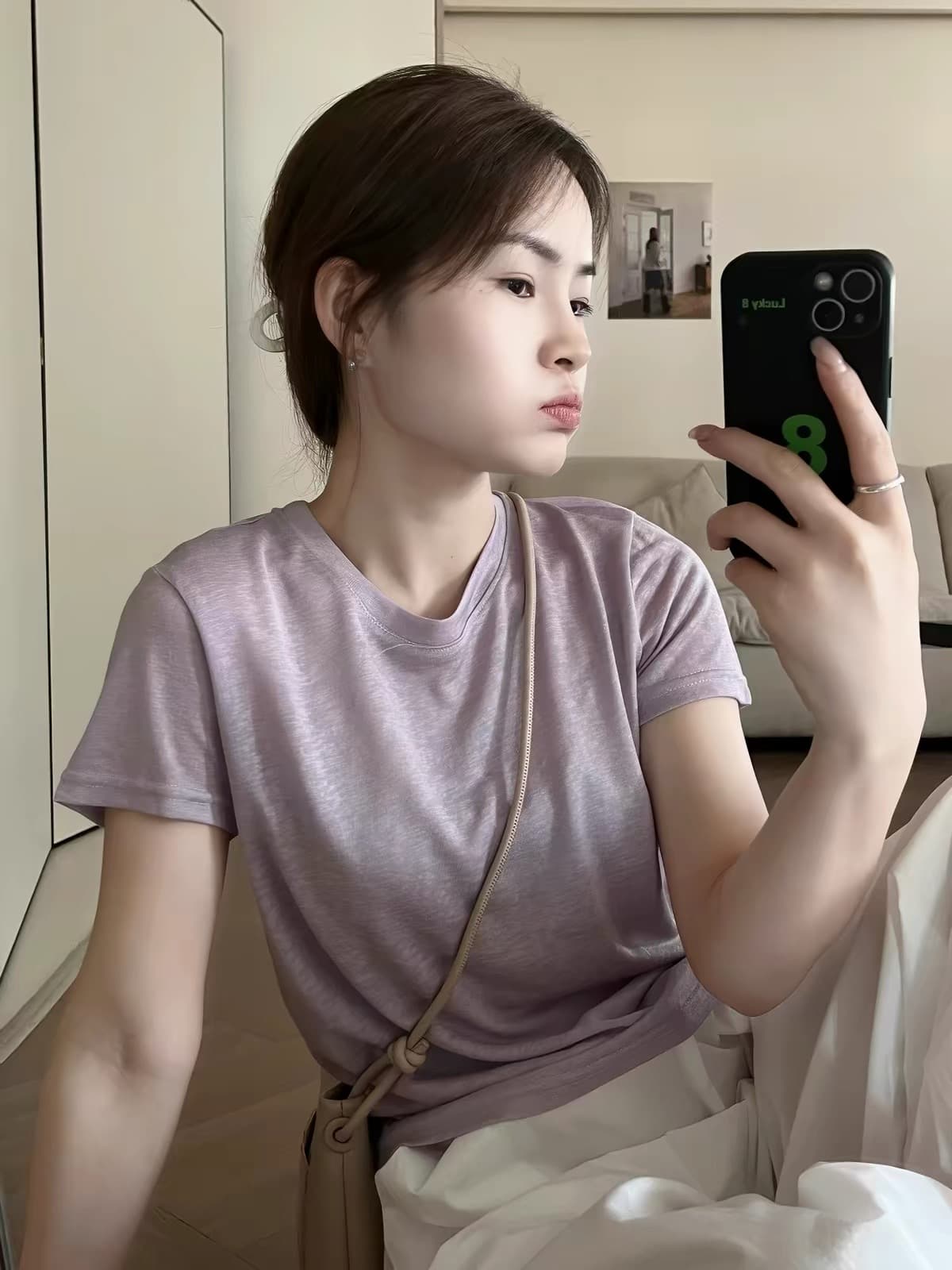고급 센스 보라색 미니멀리즘 기초 주간 실크 아마 라운드 넥 반팔 티셔츠 여성 여름 루즈핏 만나는 긍정적 인 어깨 의류 얇은 이미지 3