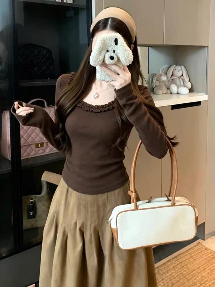한 부서 프릴 u 칼라 몸매 가꾸기 긴팔 티셔츠 여성 가을 슬림해 보이는 디자인 센스 다용도 품격 기본 셔츠 긍정적 인 어깨 의류 이미지 2