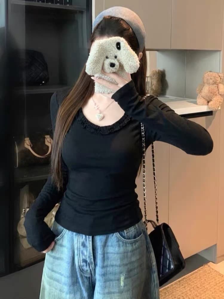 한 부서 프릴 u 칼라 몸매 가꾸기 긴팔 티셔츠 여성 가을 슬림해 보이는 디자인 센스 다용도 품격 기본 셔츠 긍정적 인 어깨 의류 이미지 4