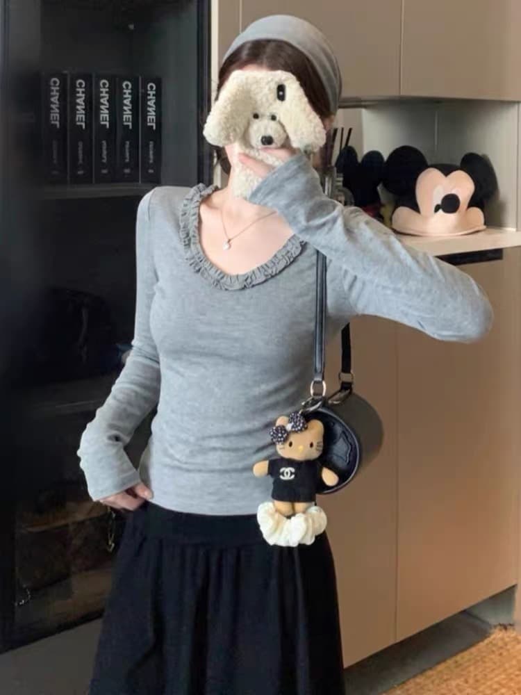 한 부서 프릴 u 칼라 몸매 가꾸기 긴팔 티셔츠 여성 가을 슬림해 보이는 디자인 센스 다용도 품격 기본 셔츠 긍정적 인 어깨 의류 상세 이미지 1