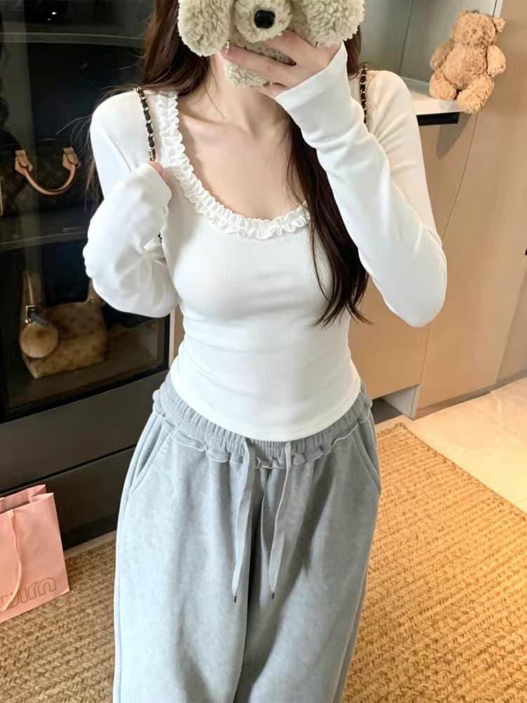 한 부서 프릴 u 칼라 몸매 가꾸기 긴팔 티셔츠 여성 가을 슬림해 보이는 디자인 센스 다용도 품격 기본 셔츠 긍정적 인 어깨 의류 상세 이미지 2
