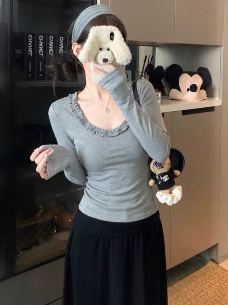 한 부서 프릴 u 칼라 몸매 가꾸기 긴팔 티셔츠 여성 가을 슬림해 보이는 디자인 센스 다용도 품격 기본 셔츠 긍정적 인 어깨 의류 상세 이미지 4