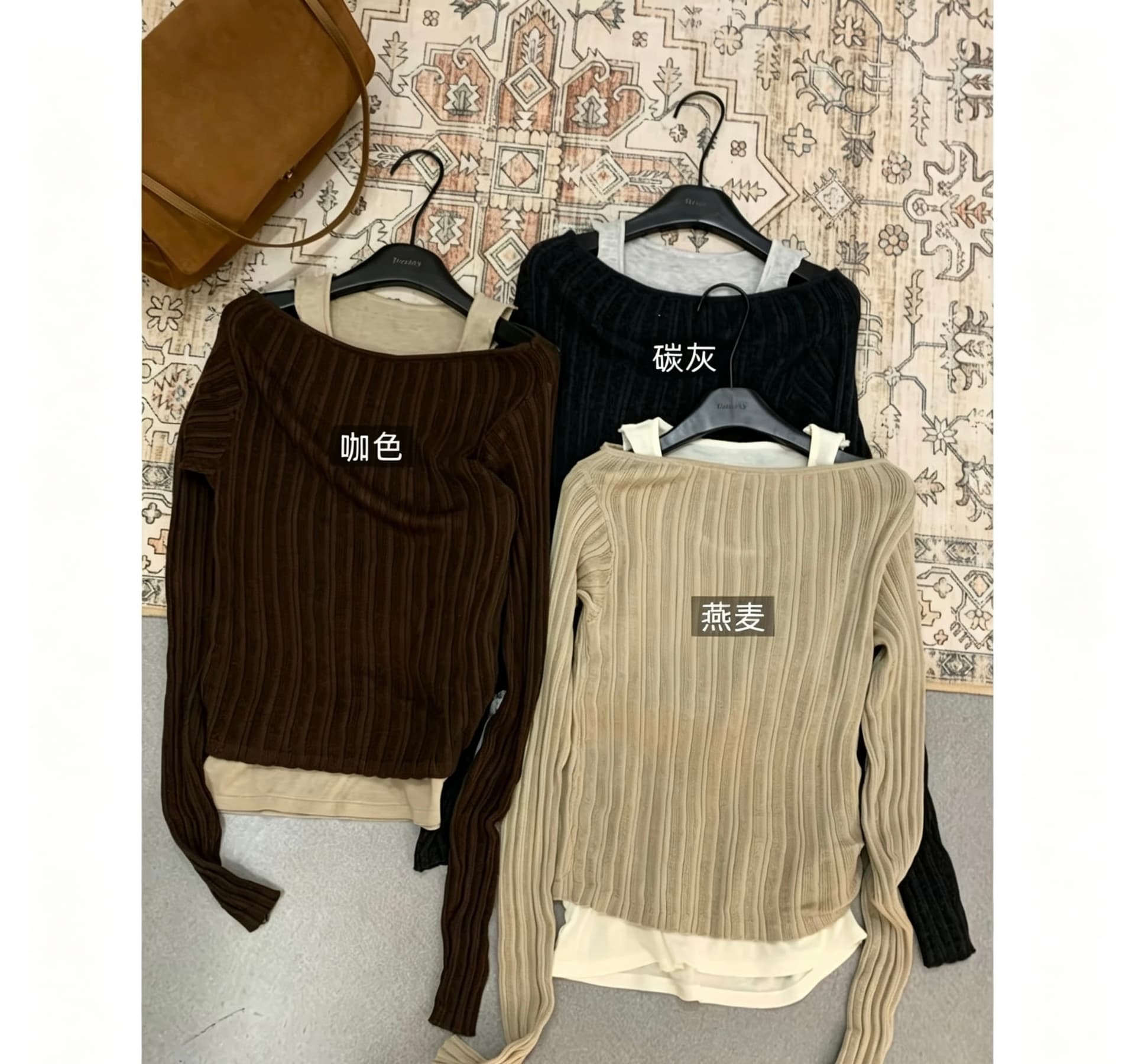 가을 한 부서 캐주얼 루즈핏 순수한 욕망 비스듬한 어깨 몸매 가꾸기 긴팔 페이크 레이어드 니트 스웨터 여성 의류 이미지 4