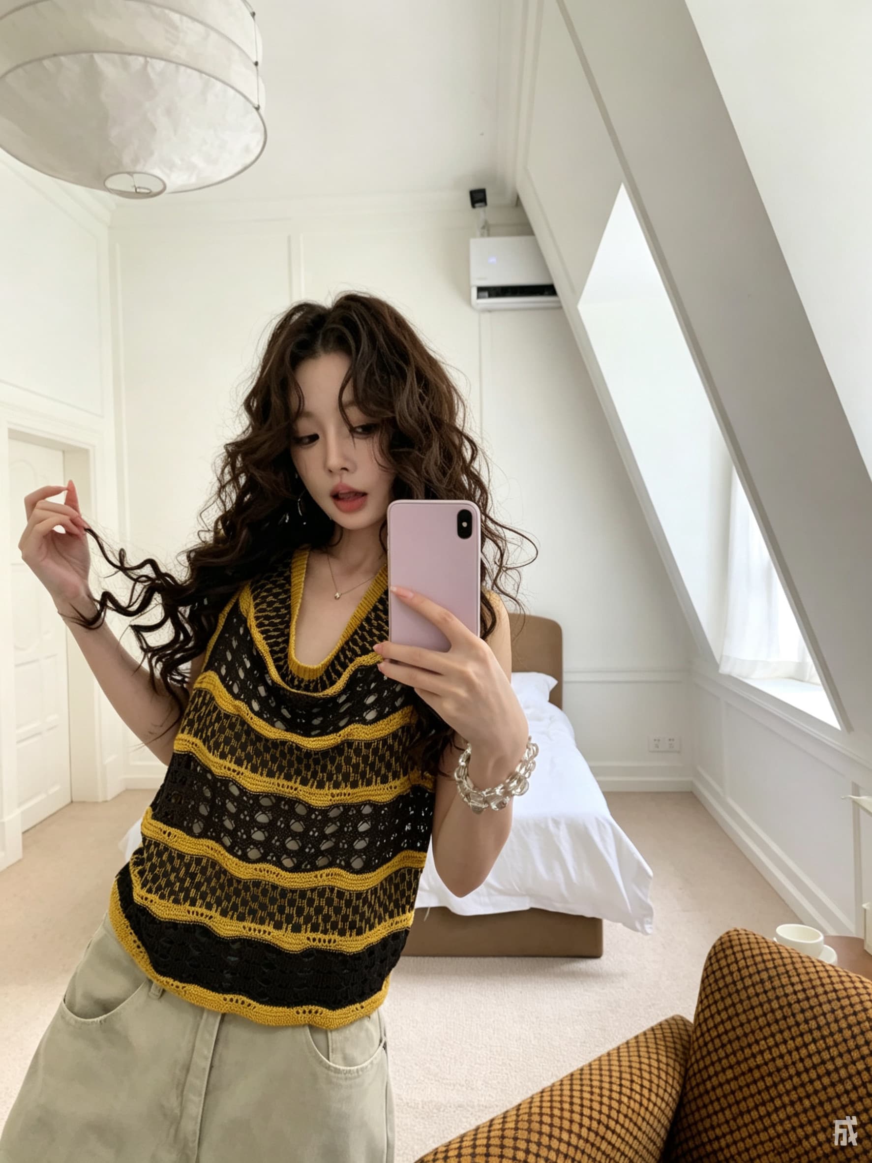 레트로 배색 스트라이프 홀로우 아웃 니트 캐미솔 여름 새로운 몸매 가꾸기 슬림해 보이는 민소매 말뚝 더미 칼라 맨위 상세 이미지 3