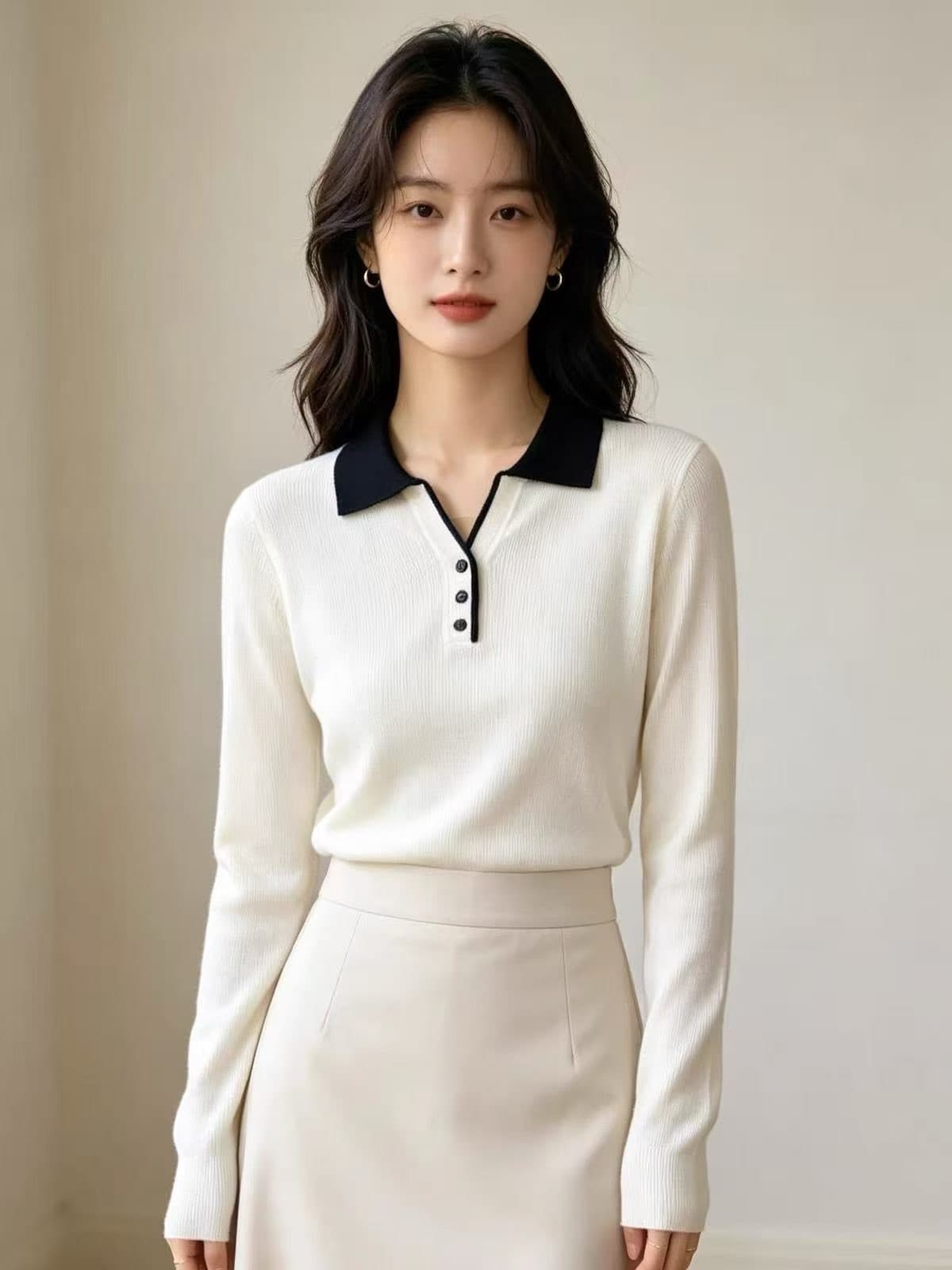한국 스타일 여성 의류 고급 센스 꽈배기 회색 polo 니트 반팔 티셔츠 2026 년 가을 Chic 고유 한 맨위 이미지 2