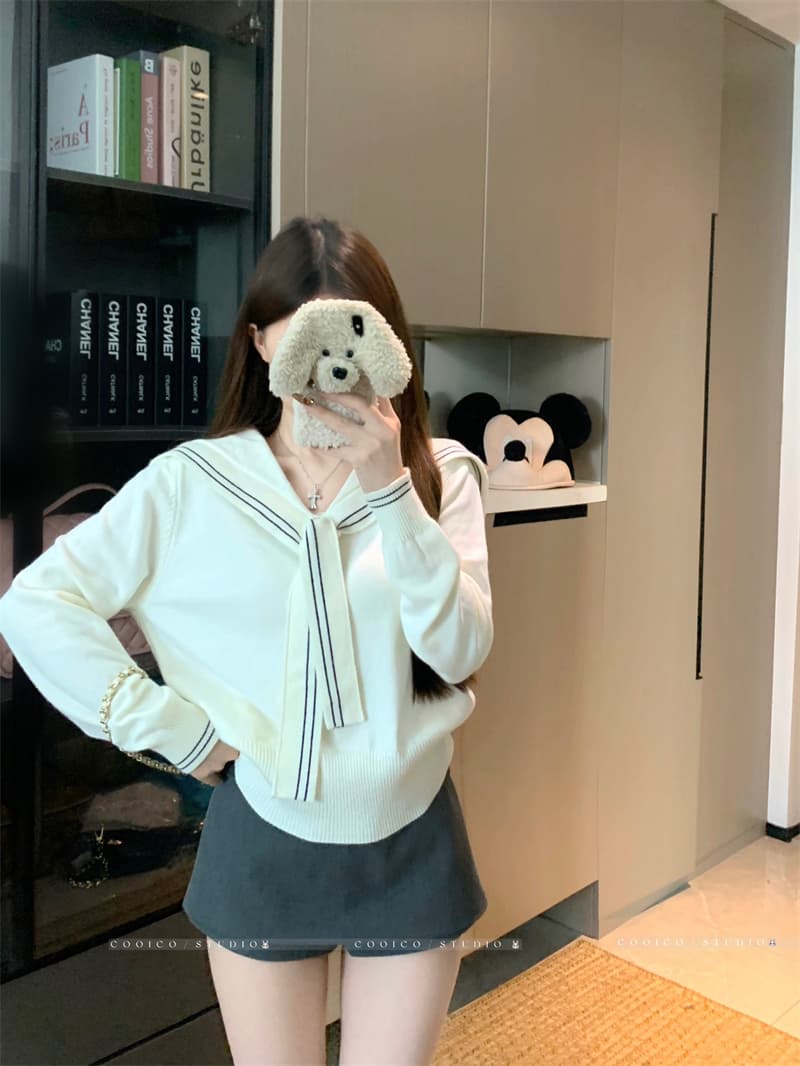 실사 한 부서 학원 스타일 해군 칼라 니트 스웨터 스웨터 쇼트 스타일 맨위 여성 상세 이미지 5