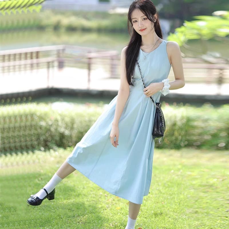 디자인 센스 민소매 조끼 여성 드레스 여름 2025 새로운 품격 생선뼈 선 허리 수축 슬림해 보이는 한 마디 롱 스커트