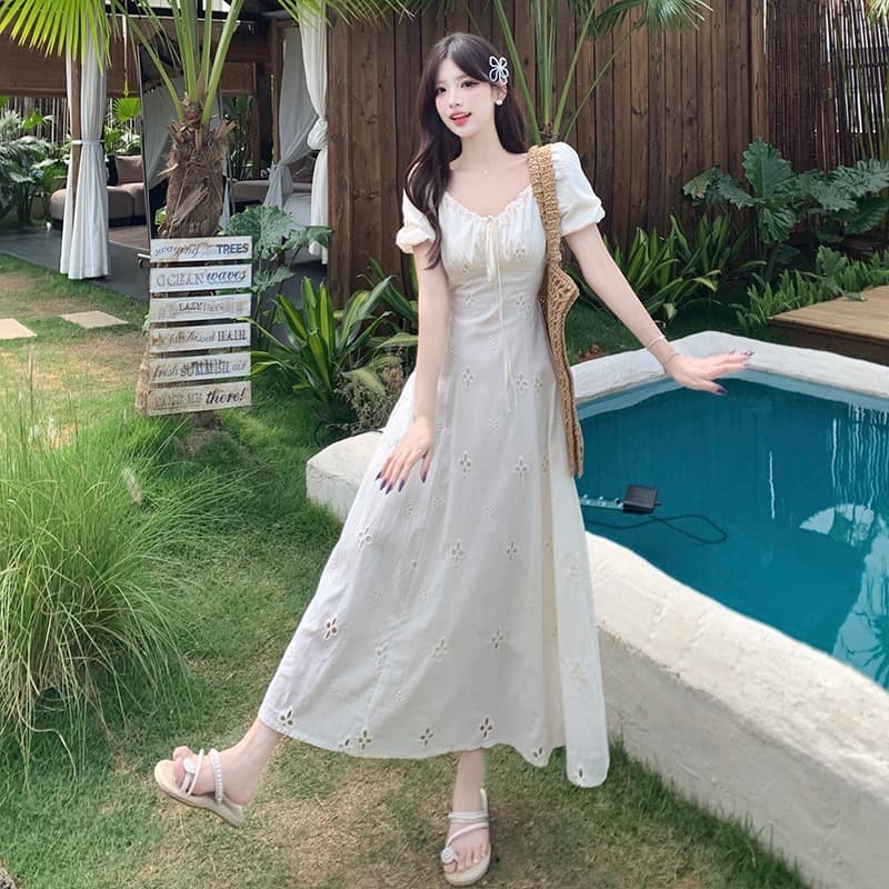 공주 롱 스커트 휴가 바람 지방 mm 레이스업 허리 수축 여성 드레스 여름 새로운 빅 사이즈 표지 고기 슬림해 보이는 A라인 스커트 이미지 2