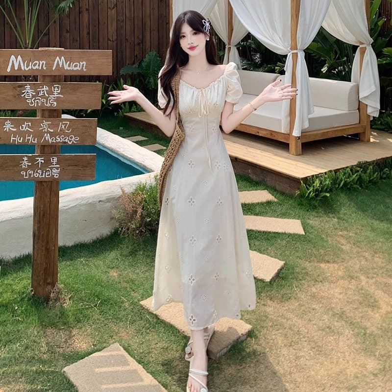 공주 롱 스커트 휴가 바람 지방 mm 레이스업 허리 수축 여성 드레스 여름 새로운 빅 사이즈 표지 고기 슬림해 보이는 A라인 스커트 이미지 3