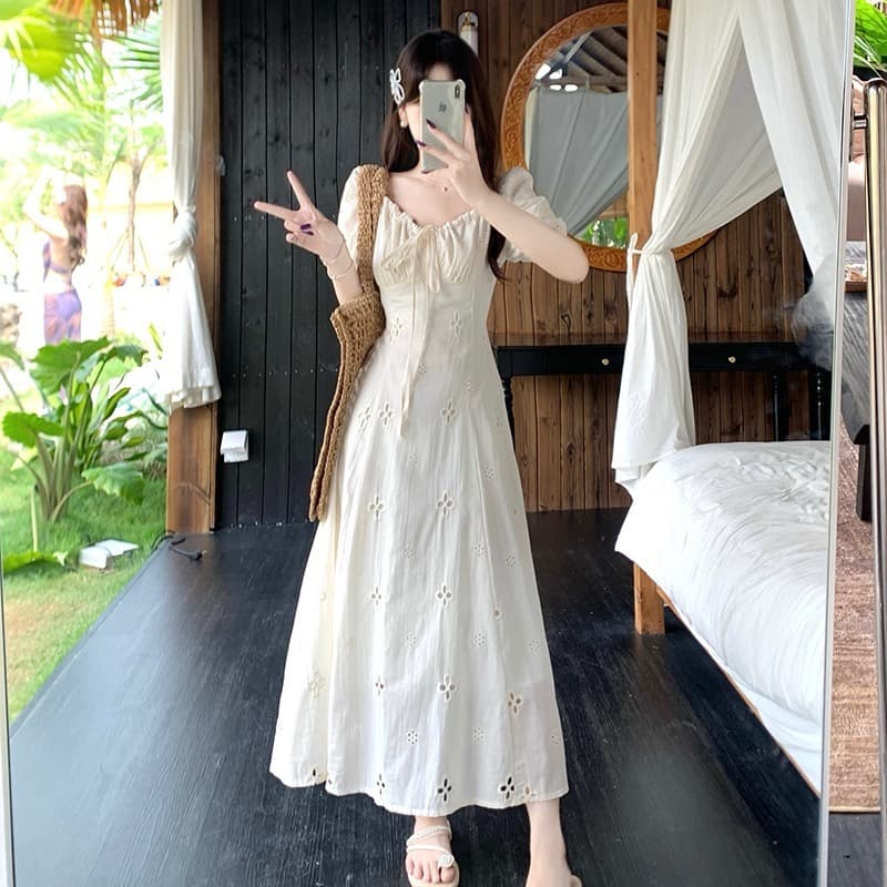 공주 롱 스커트 휴가 바람 지방 mm 레이스업 허리 수축 여성 드레스 여름 새로운 빅 사이즈 표지 고기 슬림해 보이는 A라인 스커트 이미지 5