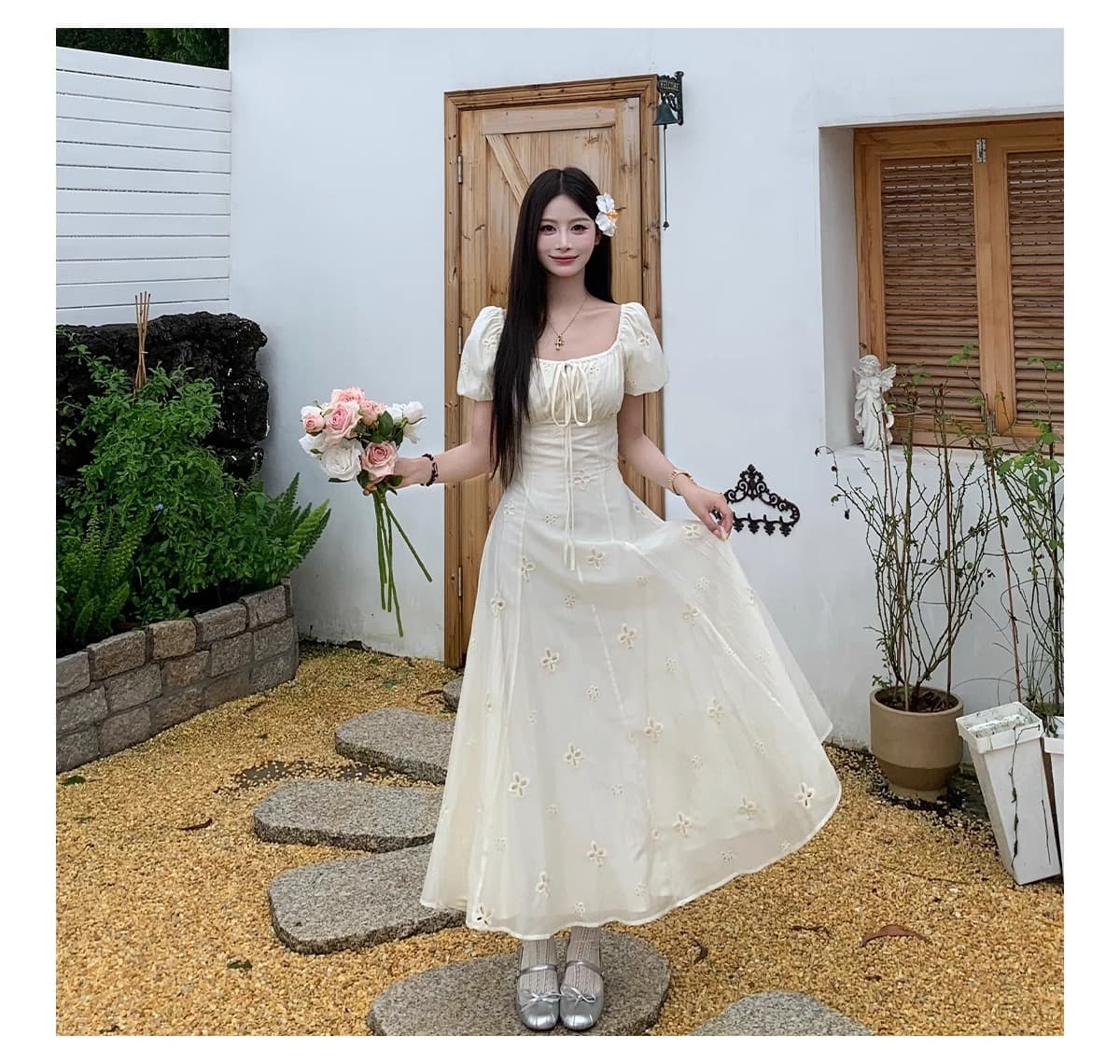 프랑스식 광장 칼라 거품 소매 여성 드레스 여름 고급 센스 부드러운 바람 휴가 홀로우 아웃 길다 치마 상세 이미지 6