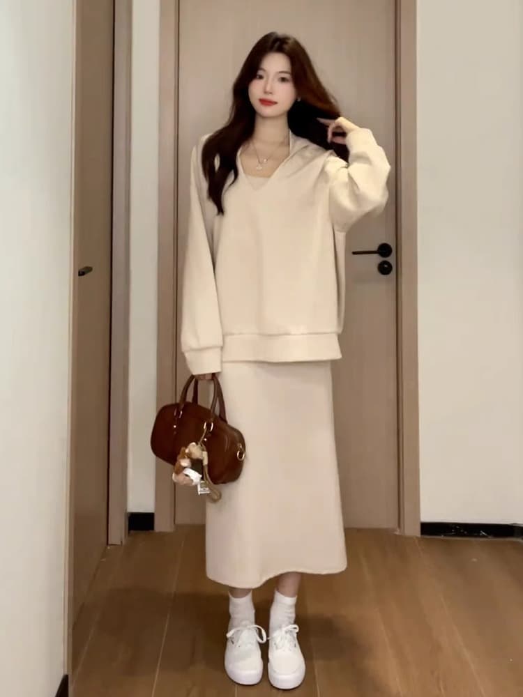 사람들 면 빈 가스 층 참나무 늑골 부드러운 바람 행침 목 세트 후드 맨위 슬림해 보이는 반신 스커트 투피스 세트